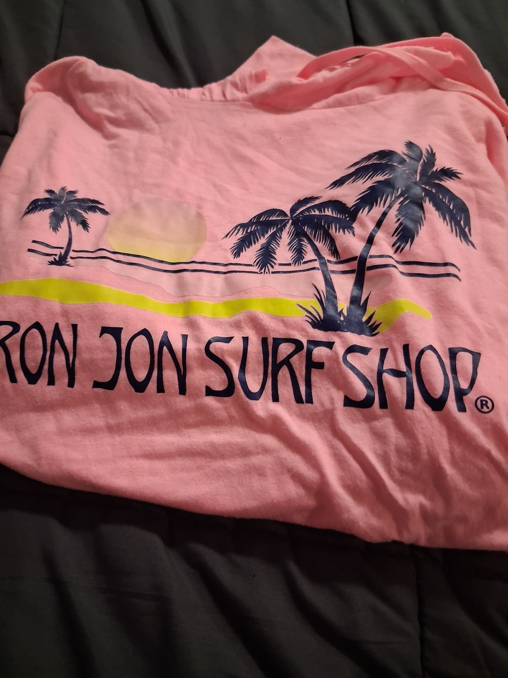 Ron Jon Pink Tee with Navy Palm & Yellow Sunset Graphic
